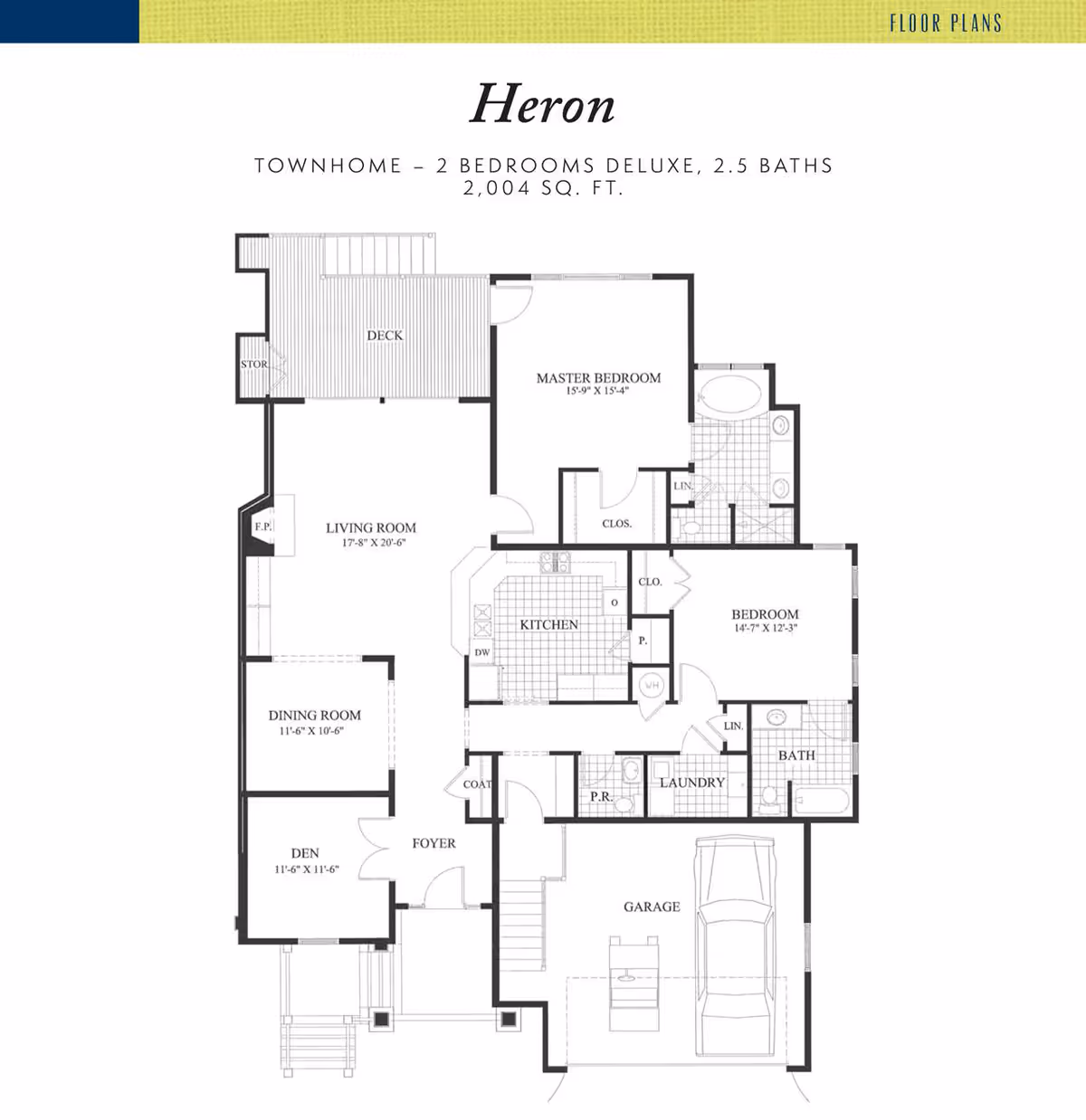 Floor plan of the Heron townhome at Marshes of Skidaway Island, featuring 2 bedrooms, 2.5 bathrooms, a living room, dining room, den, kitchen, laundry area, garage, and a deck. The master bedroom includes a large bathroom and closet. The layout shows room dimensions and locations.