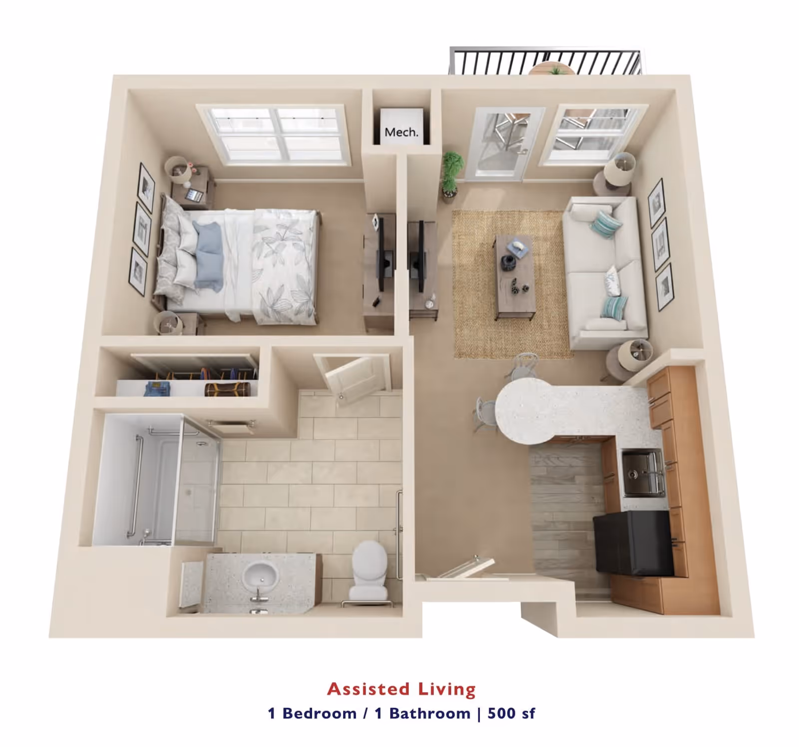 3D floor plan of an assisted living apartment with one bedroom and one bathroom. The layout includes a bedroom with a bed and nightstands, a bathroom with a shower, sink, and toilet, a living room with a sofa, coffee table, and TV, and a kitchen with cabinets, a sink, and appliances. There is also a small dining area with two chairs and a balcony accessible from the living room.
