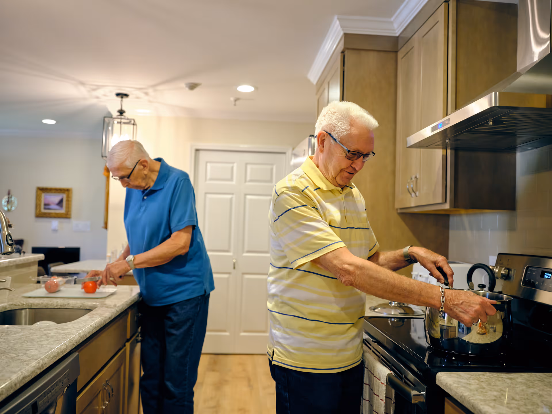 Two elderly men in a kitchen; one man in a yellow striped shirt is stirring a pot on the stove, while the other man in a blue shirt is chopping vegetables on the counter.