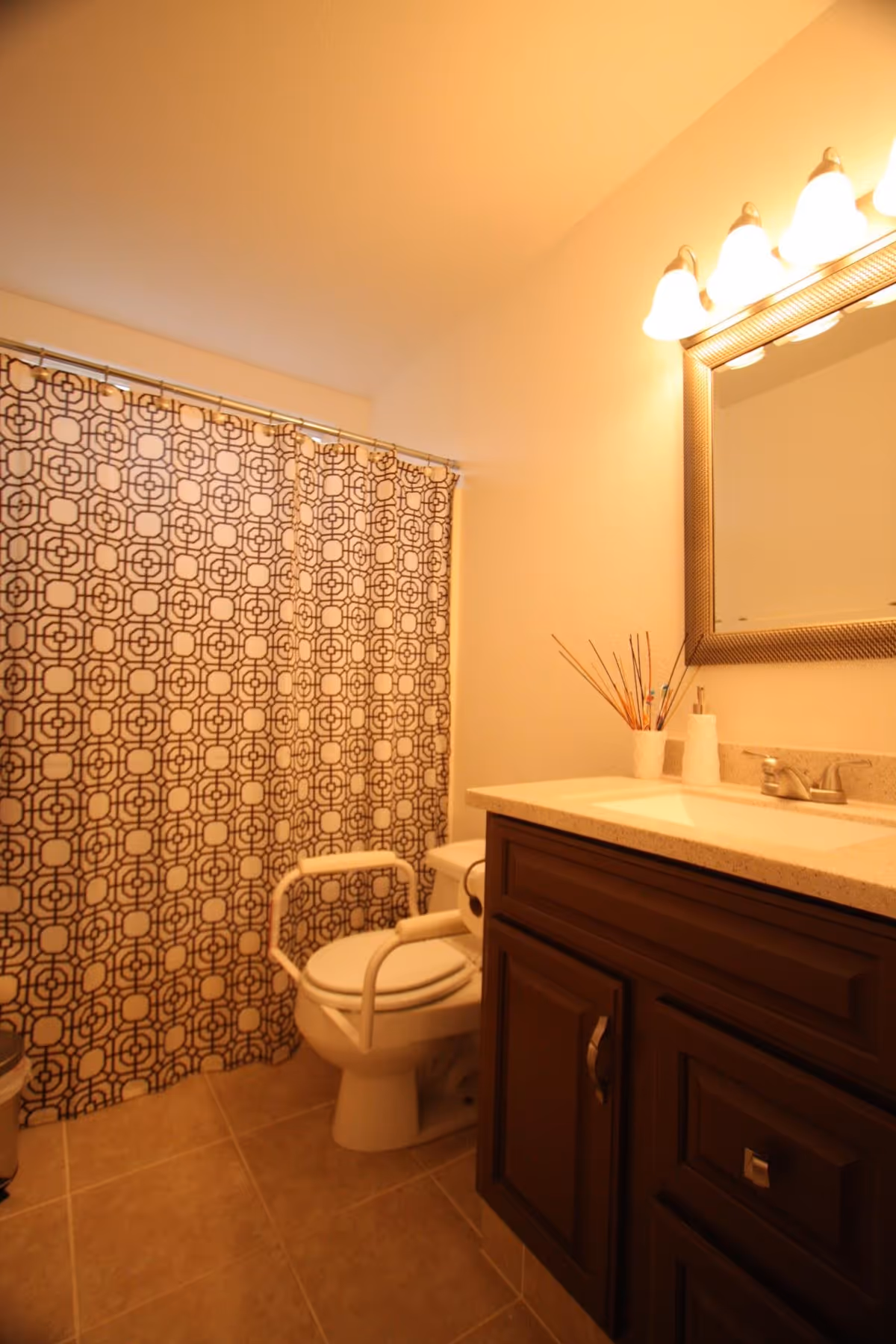A bathroom with a patterned shower curtain, a toilet equipped with safety rails, a dark wood vanity with a white countertop, a rectangular mirror above the sink, and a light fixture with four bulbs.