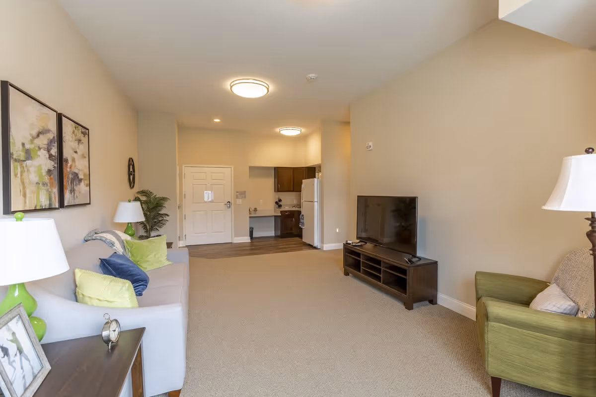 A living room area with a gray sofa adorned with green and blue pillows, a green armchair with a throw blanket, two table lamps with white shades, a TV on a dark wooden stand, and a small kitchen area in the background with wooden cabinets and a white refrigerator.