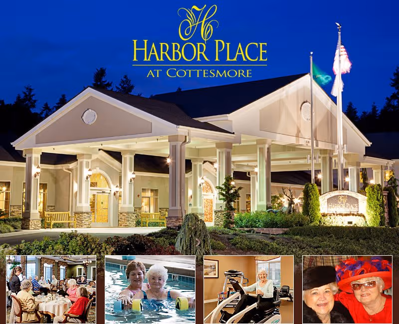 Exterior view of Harbor Place at Cottesmore senior living facility at night, showing the well-lit entrance with columns, landscaping, and flags. Below are smaller images showing residents dining together, two women in a swimming pool, a woman using exercise equipment, and two elderly women wearing festive hats and smiling.