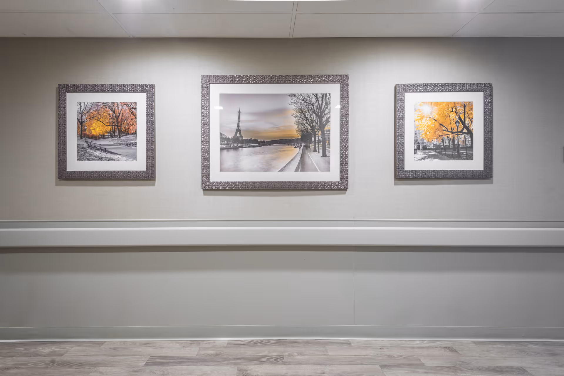 A hallway wall with three framed landscape pictures above a handrail and wood‑look flooring.