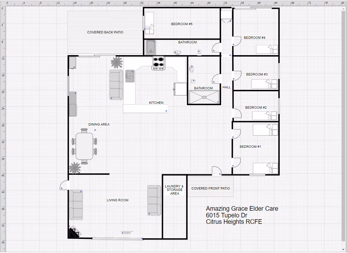 Architectural floor plan of Amazing Grace Elder Care LLC showing layout with five bedrooms, two bathrooms, kitchen, dining area, living room, laundry and storage area, covered front and back patios, and hallways.