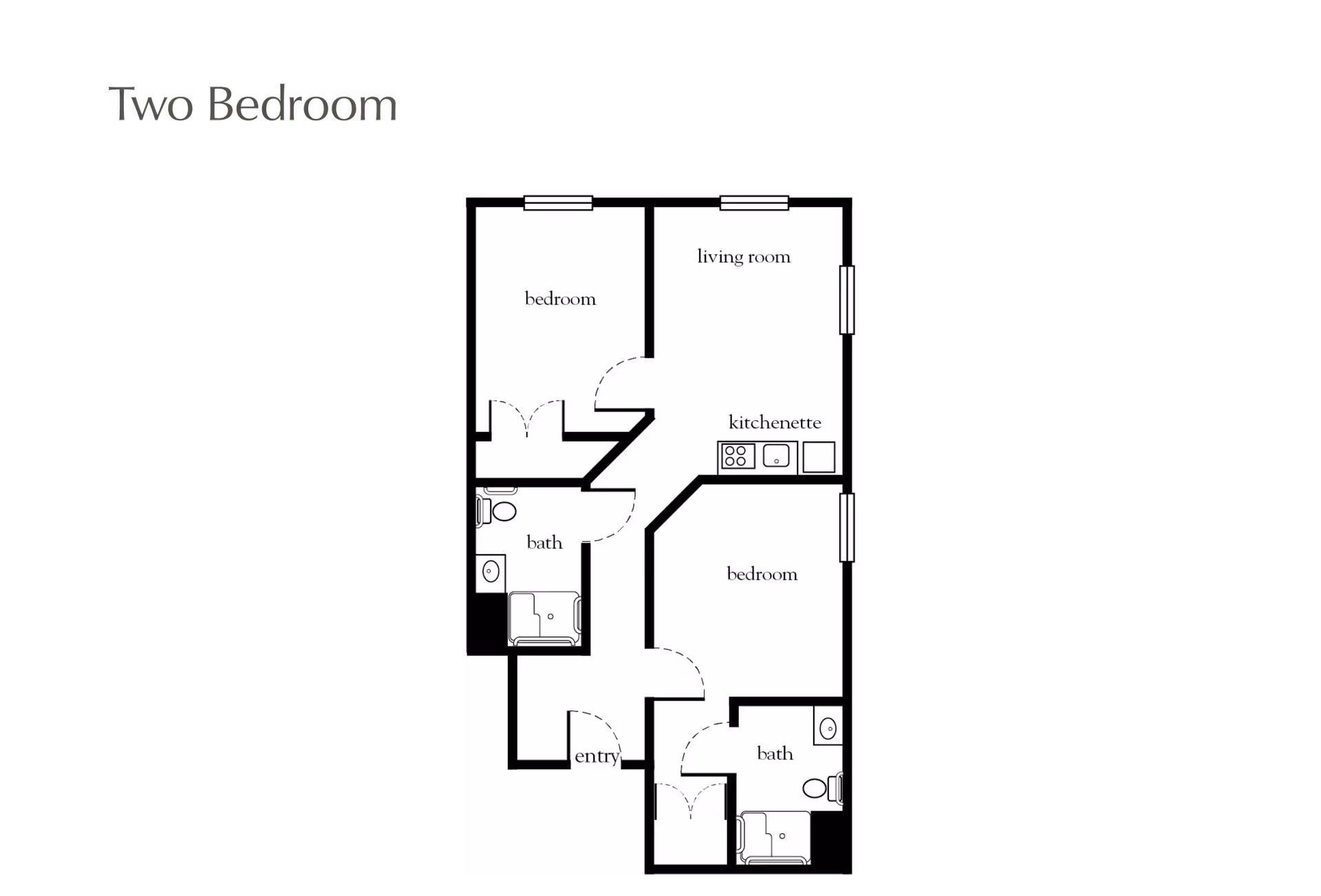 Black-and-white floor plan labeled 'Two Bedroom' showing two bedrooms, a living room with kitchenette, entryway, and two bathrooms.
