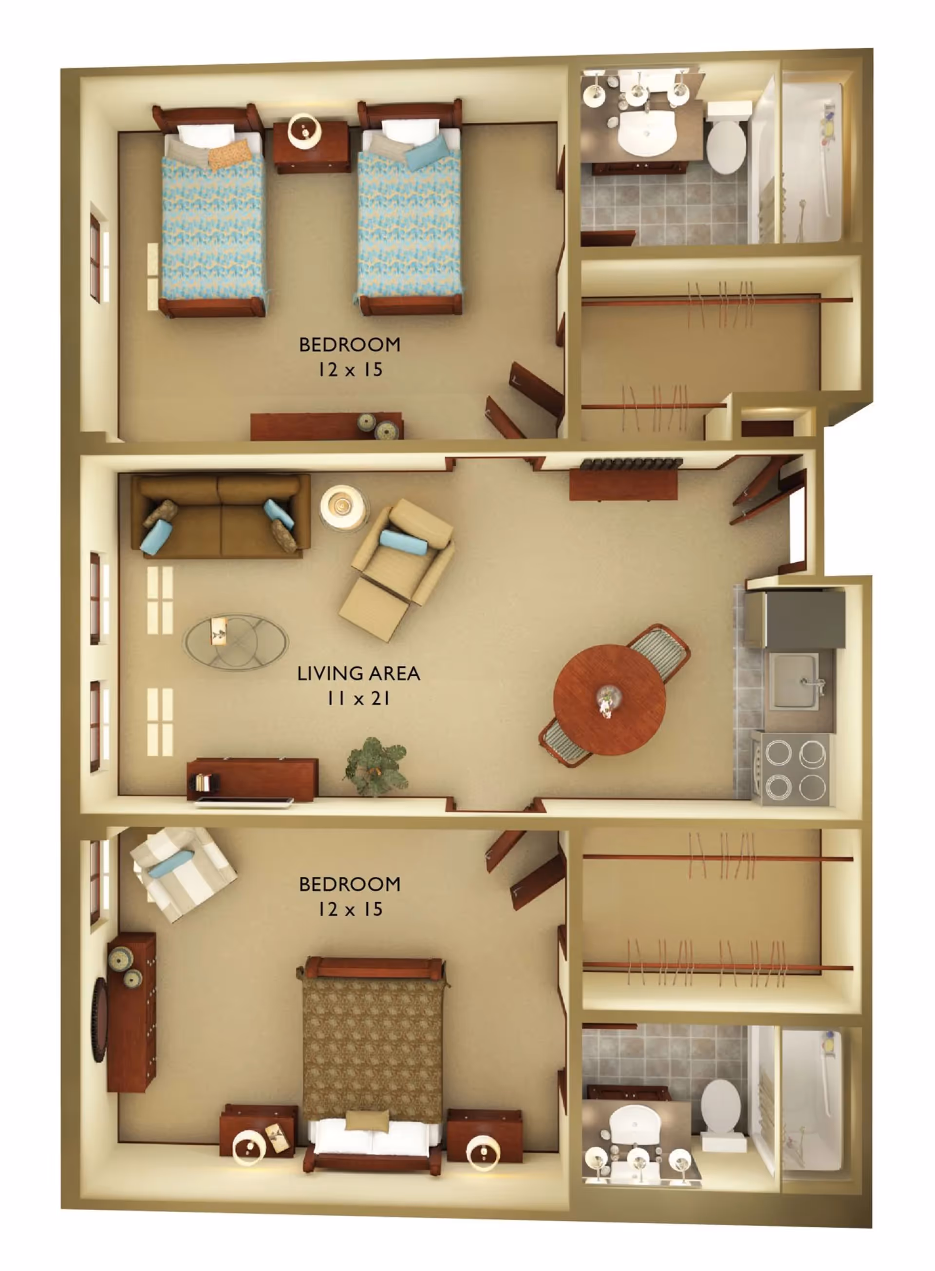 3D floor plan of an assisted living apartment with two bedrooms, two bathrooms, a living area, and a kitchen. The top bedroom has two single beds with a nightstand in between. The living area includes a sofa, armchair, coffee table, dining table with chairs, and a kitchen with a stove and sink. The bottom bedroom has a double bed, two nightstands with lamps, a dresser, and an armchair. Both bathrooms have a sink, toilet, and bathtub. Closets are adjacent to each bedroom.