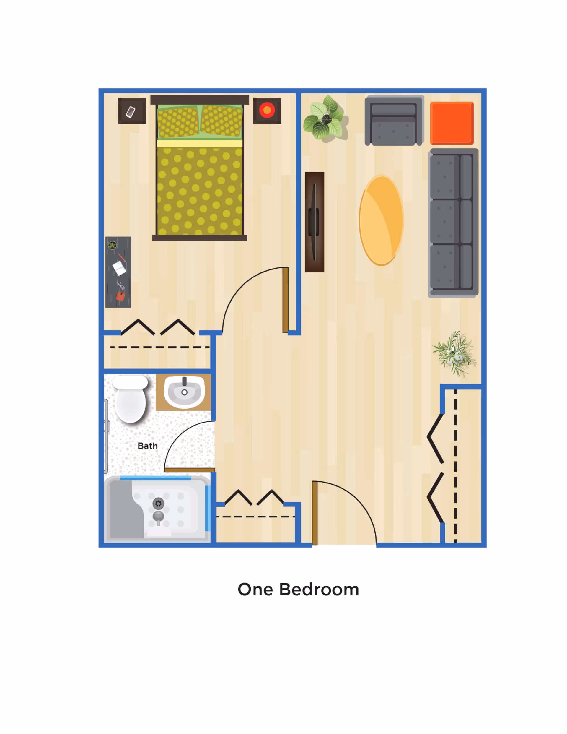 Floor plan of a one-bedroom senior living apartment showing a bedroom with a bed and nightstands, a bathroom with a toilet, sink, and bathtub, and a living room area with a sofa, armchair, TV, and plants.