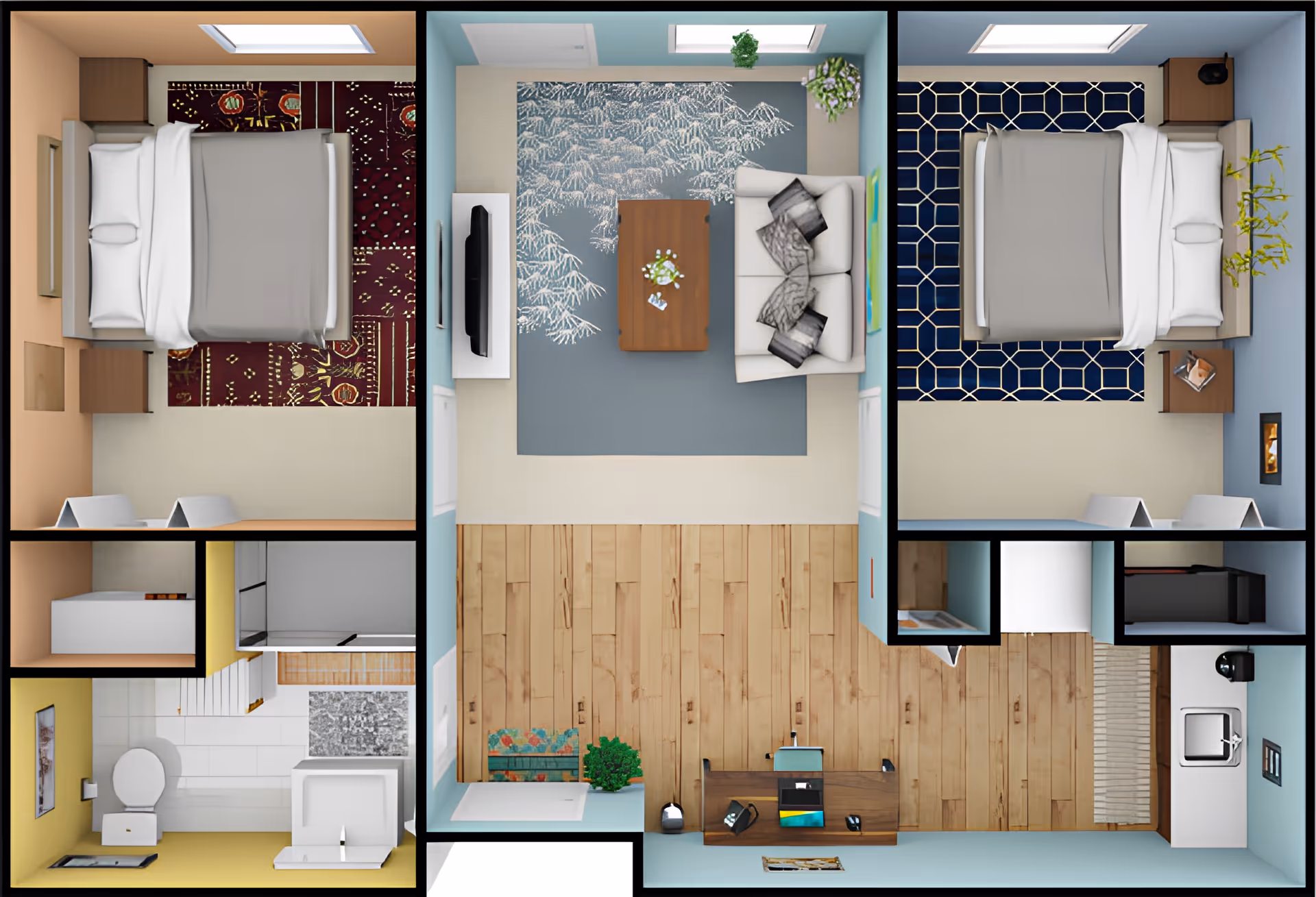 Top-down view of a senior living facility apartment layout featuring two bedrooms with beds and nightstands, a living room with a sofa, coffee table, and TV, a kitchen area with a sink and appliances, a bathroom with a toilet and sink, and a small office space with a desk and chair. The bedrooms have distinct rugs and decor, and the living room has a patterned rug and plants near the windows.