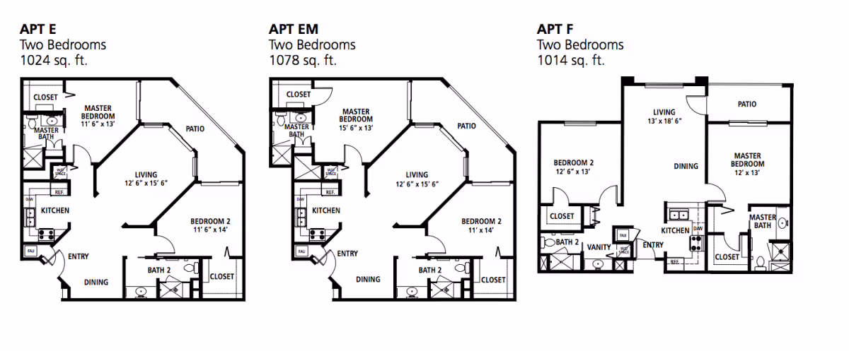 Black-and-white floor plan drawings of three two-bedroom apartment layouts labeled Apt E, Apt EM, and Apt F with room labels and square footage.