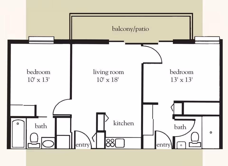 Floor plan of a two-bedroom apartment with two bathrooms, a living room, kitchen, two entries, and a balcony/patio. The left bedroom measures 10 by 13 feet and the right bedroom measures 13 by 13 feet. The living room is 10 by 18 feet. Each bedroom has an adjacent bathroom. The kitchen is located between the living room and the right bedroom.
