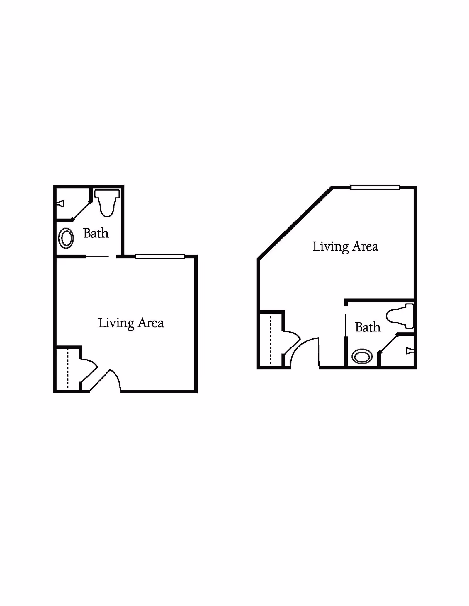 Two black and white architectural floor plans showing layouts with labeled living areas and bathrooms.