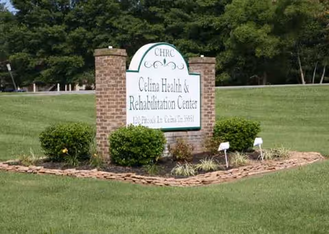 Brick sign for Celina Health & Rehabilitation Center on a landscaped front lawn