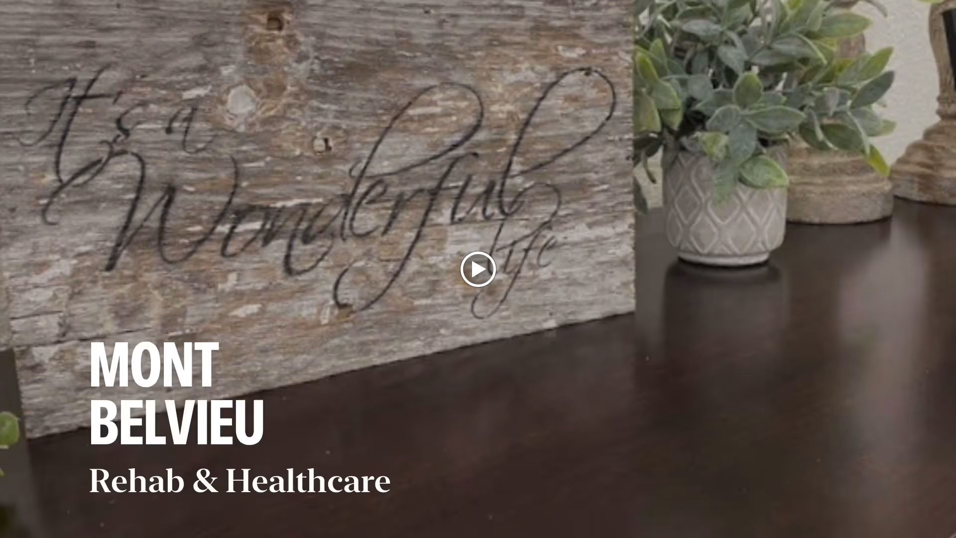 A rustic wooden sign with the words 'It's a Wonderful Life' written in cursive, placed on a dark wooden surface next to a small potted plant with green leaves and a decorative stone object.