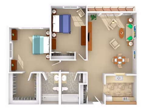3D floor plan of a senior living apartment featuring two bedrooms, a bathroom with double sinks and a bathtub, a kitchen with appliances, a dining area with a table and chairs, and a living room with seating and a TV. The apartment also includes closets and a balcony area.