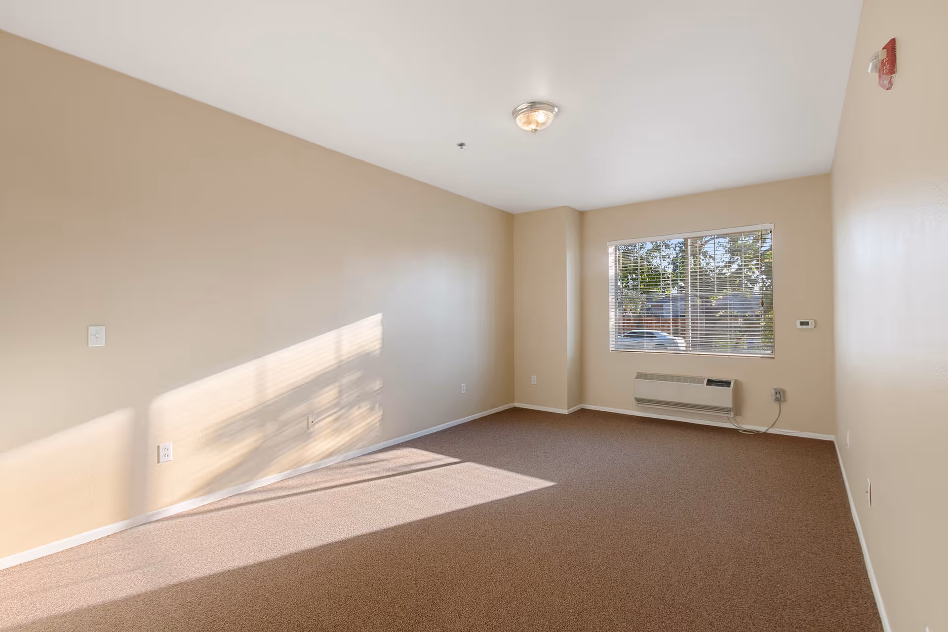 Empty room with beige walls and brown carpet, a window with blinds and a wall-mounted heater, lit by sunlight.