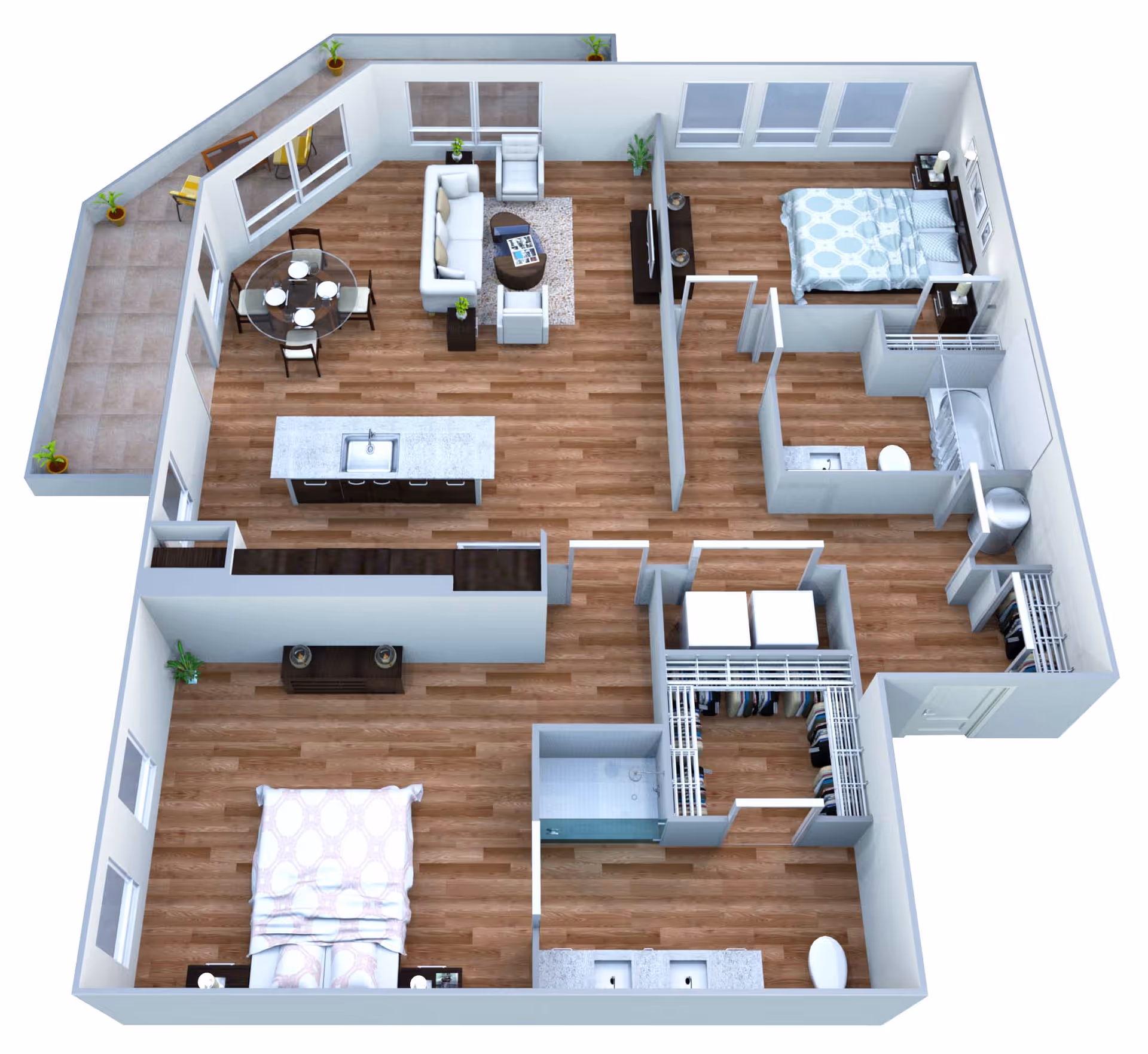 3D rendered floor plan showing a two-bedroom, two-bath apartment with an open living/dining area, kitchen island, walk-in closets and a balcony.