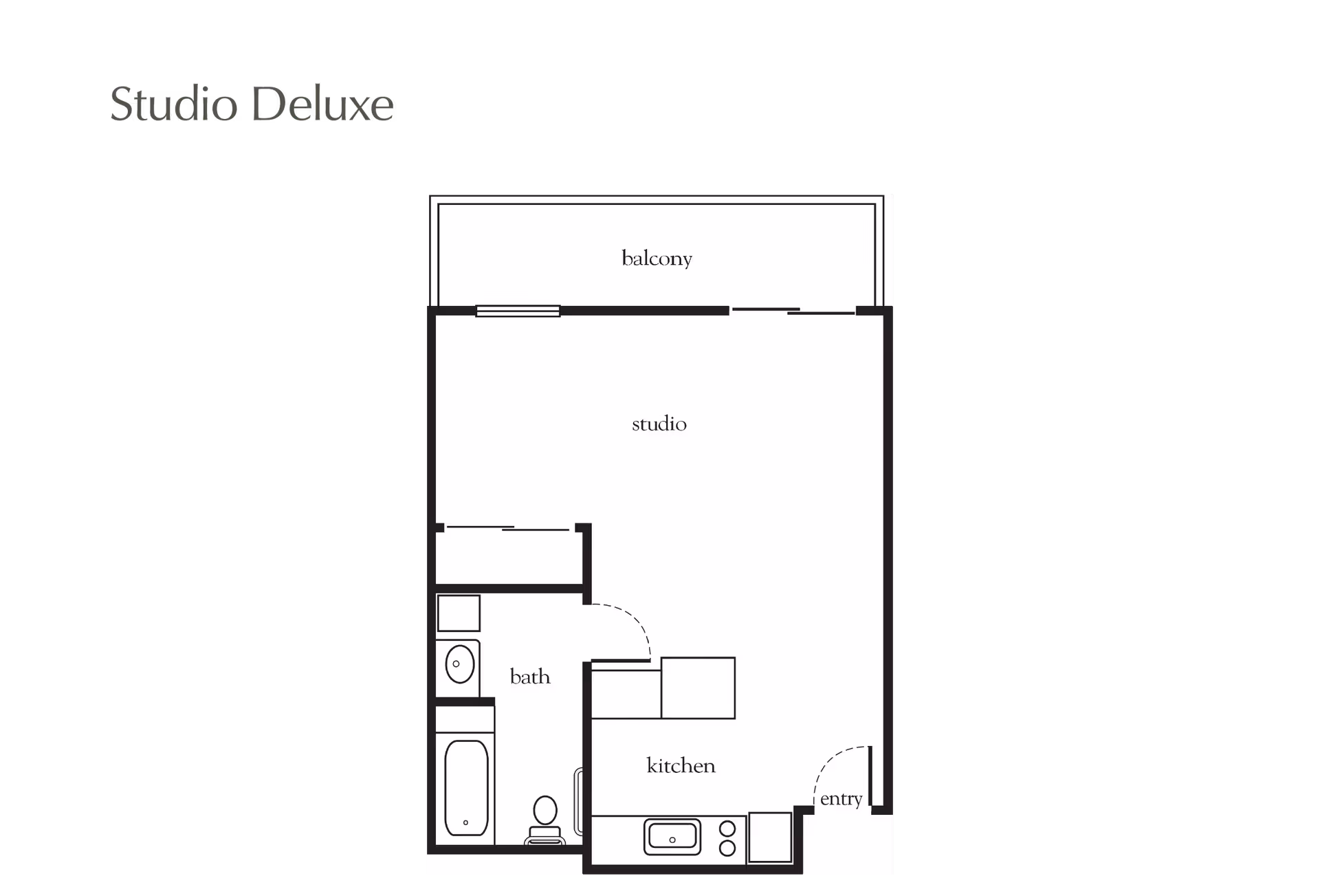 Floor plan of a Studio Deluxe apartment at Atria Golden Creek showing a studio area, kitchen, bath, entry, and balcony.