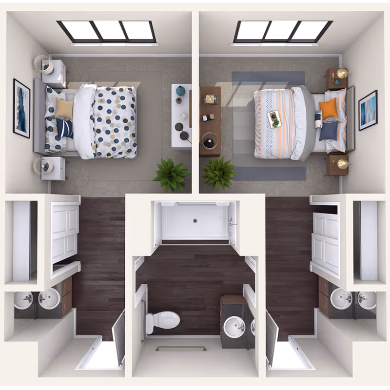Top-down rendered two-bedroom floor plan showing two furnished bedrooms, a central bathroom with shower and toilet, and sink vanities on each side.