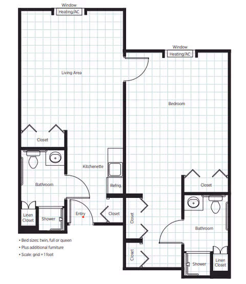 Architectural floor plan of a senior living unit at Belmont Village Senior Living Geneva Road showing a living area, kitchenette, bedroom, two bathrooms with showers, multiple closets, linen closets, and entry points. The scale grid indicates 1 foot per square.