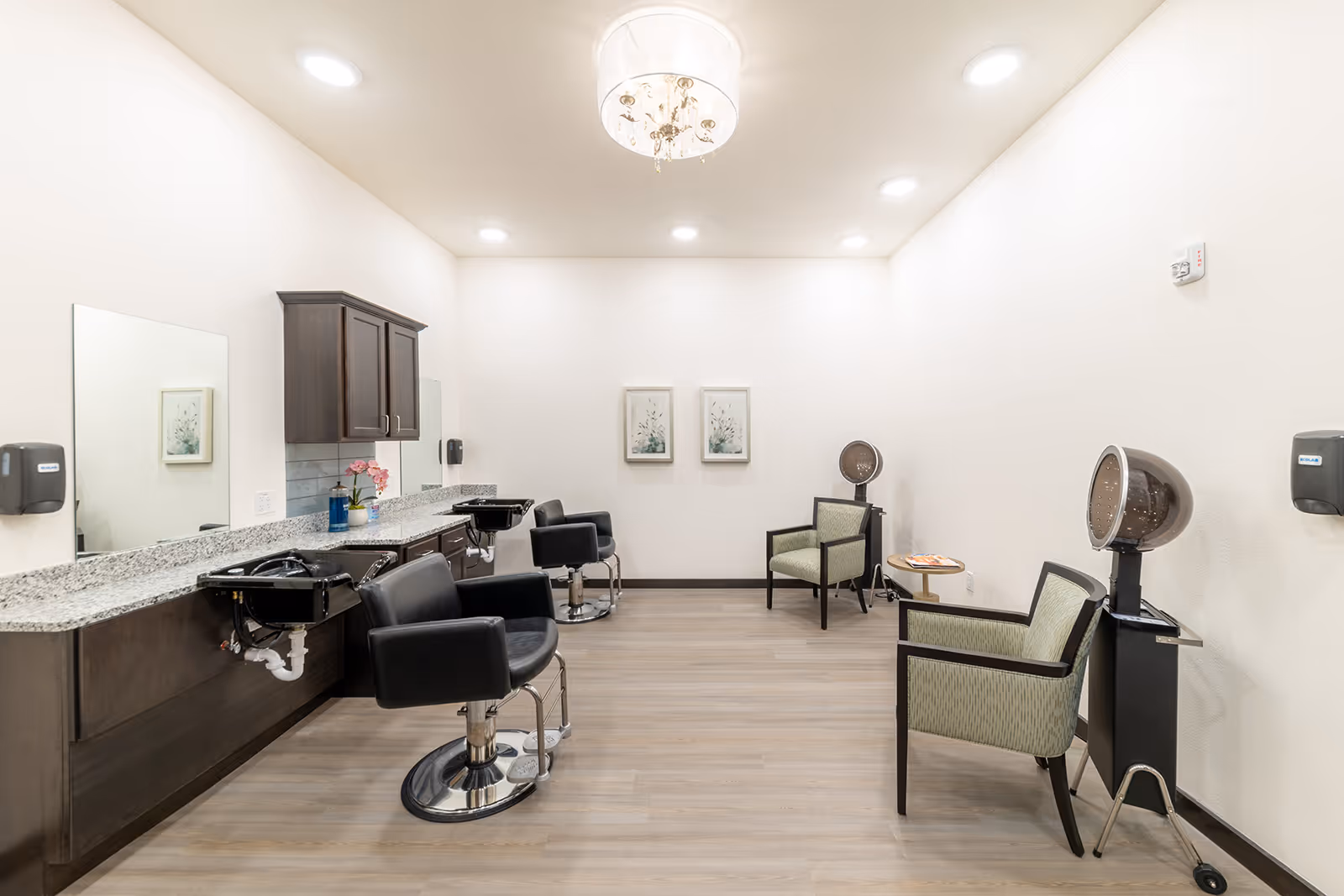 Bright salon-style grooming room with styling chairs, shampoo sinks, hooded hair dryers and seating.