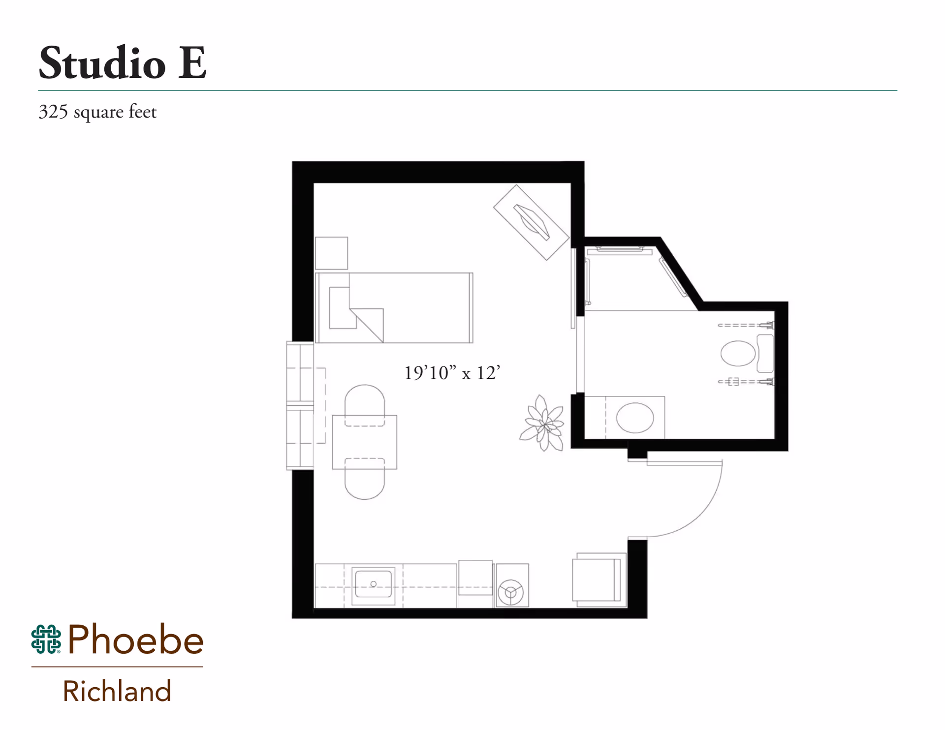 Floor plan of Studio E apartment at Phoebe Richland, showing a 325 square feet layout with a combined living and sleeping area measuring 19 feet 10 inches by 12 feet, a kitchenette, a small dining area, and a separate bathroom.