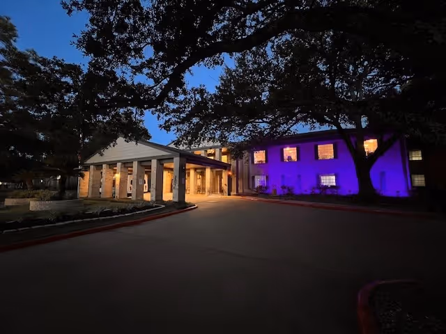 Exterior view of a senior living facility at dusk with the building illuminated by warm lights and purple lighting on one side. Large tree branches frame the top of the image, and a driveway curves in front of the entrance.