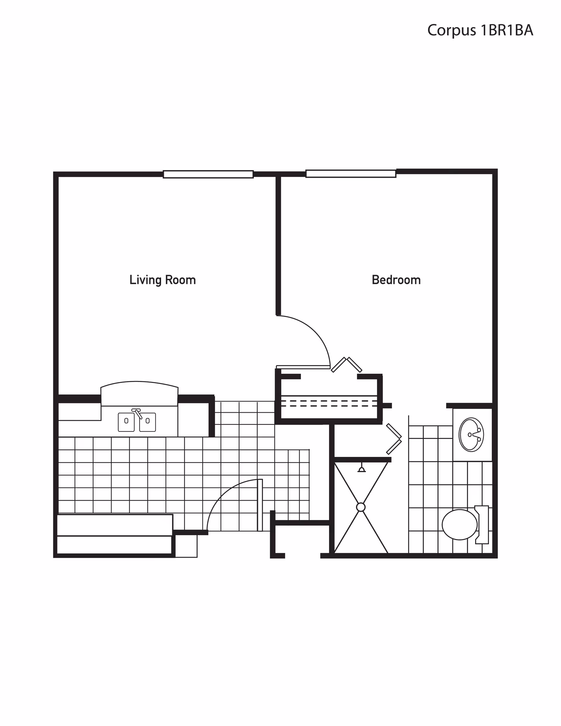 Floor plan layout of a one-bedroom, one-bathroom apartment at Garden Estates of Corpus Christi, showing a living room, bedroom, kitchen area with sink, and bathroom with shower, toilet, and sink.