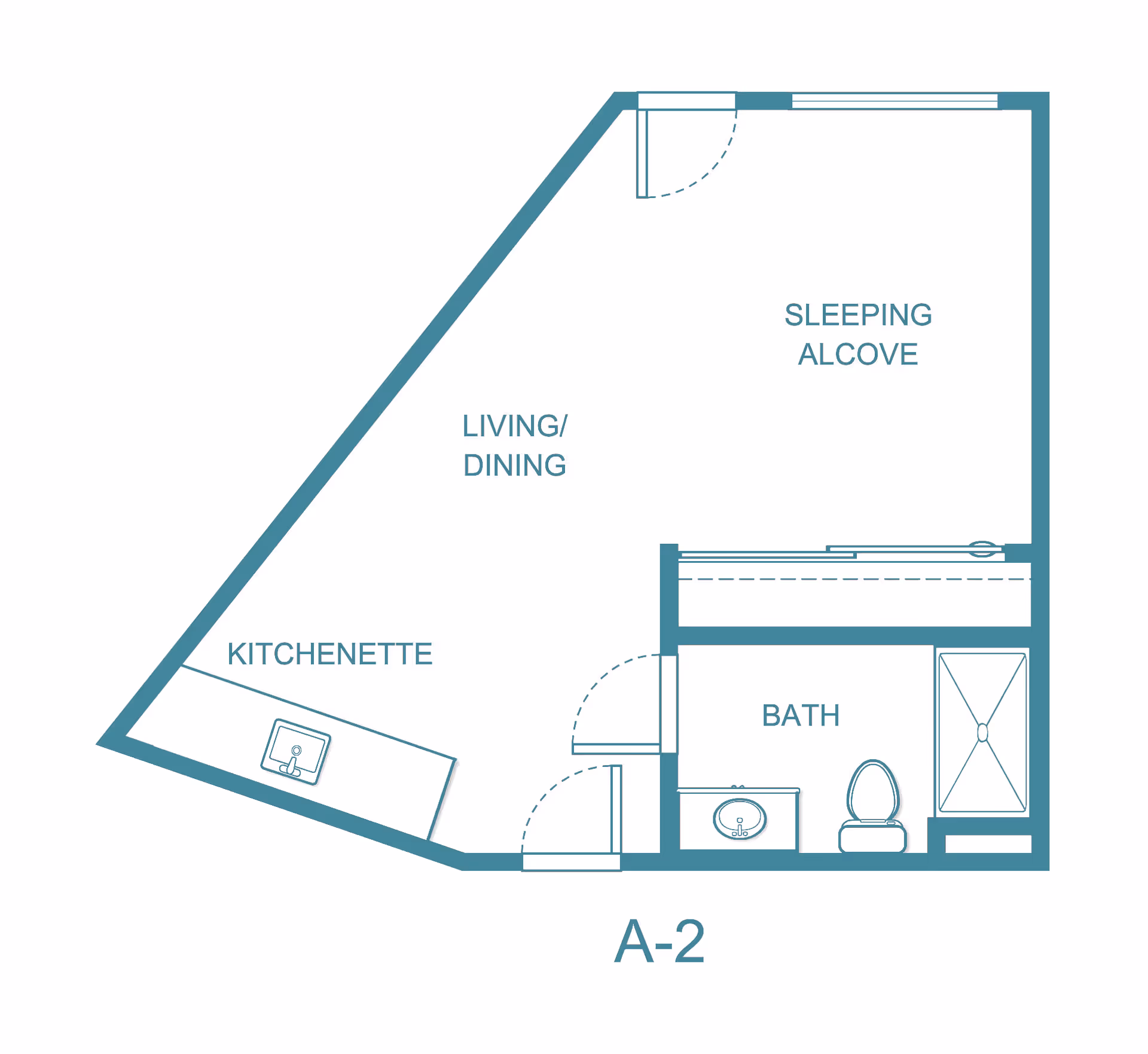 Architectural floor plan labeled A-2 showing a studio layout with a sleeping alcove, living/dining area, kitchenette, and a bathroom with a sink, toilet, and shower.