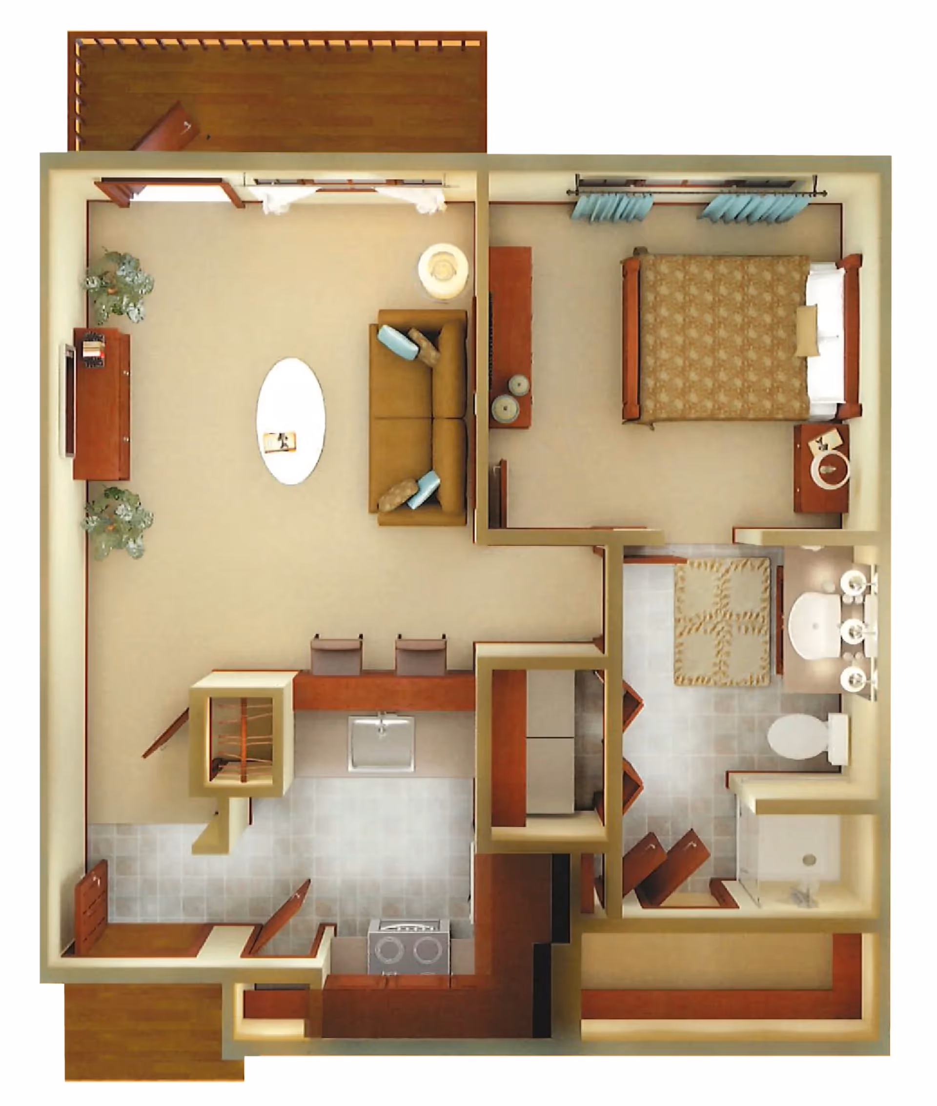 Top-down view of a senior living apartment floor plan showing a living room with a sofa, coffee table, TV stand, and plants; a bedroom with a bed, nightstand, and dresser; a kitchen with a stove, sink, and counter with two chairs; and a bathroom with a toilet, sink, and shower. There is also a small outdoor deck area.