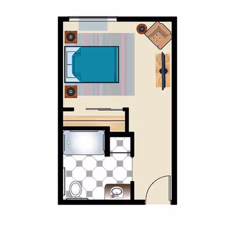 Top-down floor plan of a small living space featuring a bedroom area with a bed, two nightstands, a chair, and a TV on a stand. Adjacent to the bedroom is a bathroom with a bathtub, toilet, and sink. The entrance door opens into the main room.