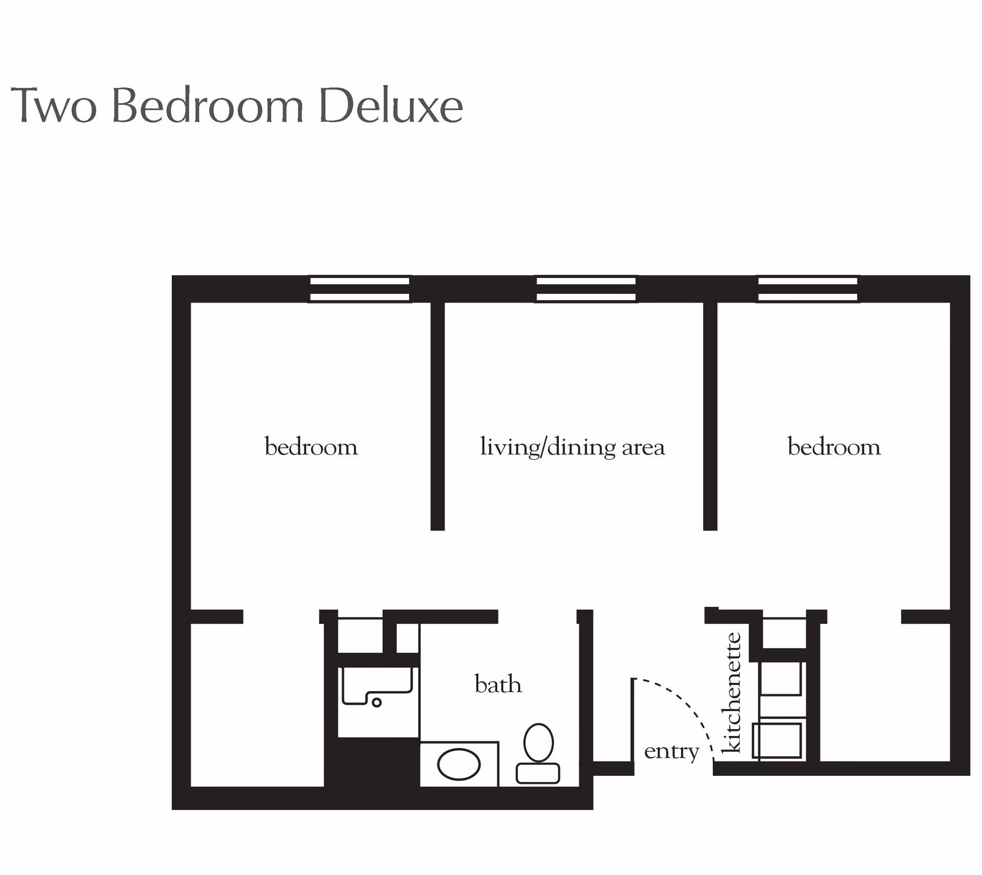 Black-and-white floor plan titled "Two Bedroom Deluxe" showing two bedrooms, a central living/dining area, a bath, kitchenette and an entry.