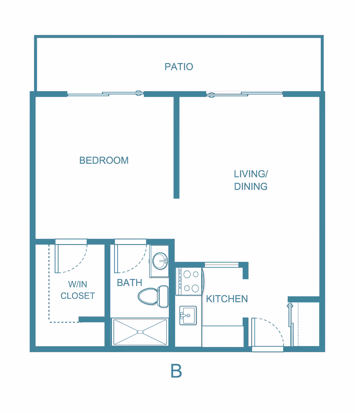 Floor plan of a one-bedroom apartment featuring a bedroom with a walk-in closet, a bathroom, a kitchen, a combined living and dining area, and a patio.