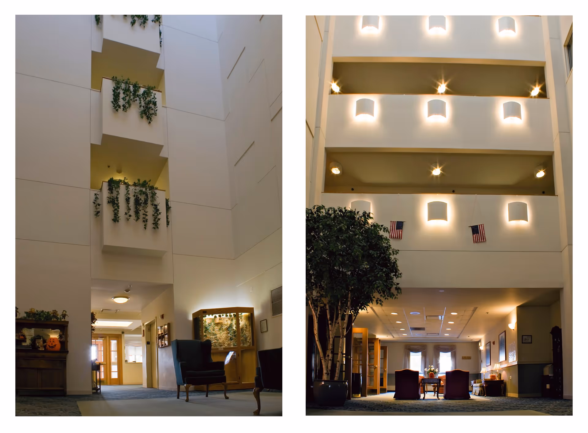 Interior views of a senior living facility with high ceilings and multiple floors visible. The left side shows a hallway with chairs, a display case, and balconies decorated with hanging plants. The right side shows a seating area with chairs and a table, a large potted tree, American flags hanging on the walls, and modern wall lighting fixtures.