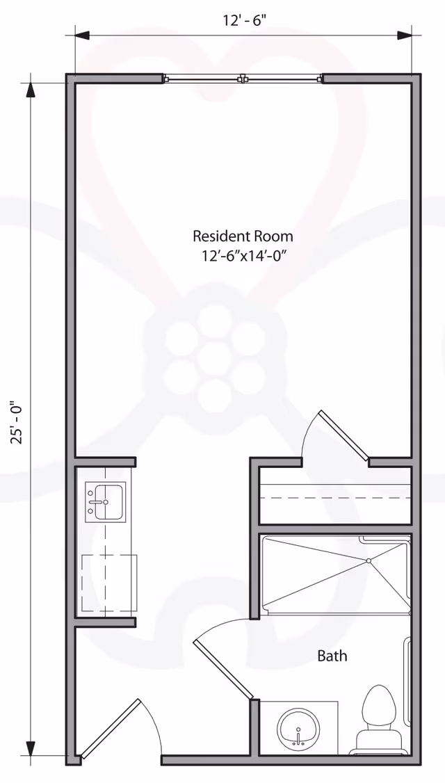 Architectural floor plan of a resident room at Carolina Reserve of Laurel Park, showing dimensions 12'-6" by 14'-0". The layout includes a main resident room area, a bathroom with a sink, toilet, and shower, and a small kitchenette area with a sink. The overall room dimensions are 12'-6" by 25'-0".