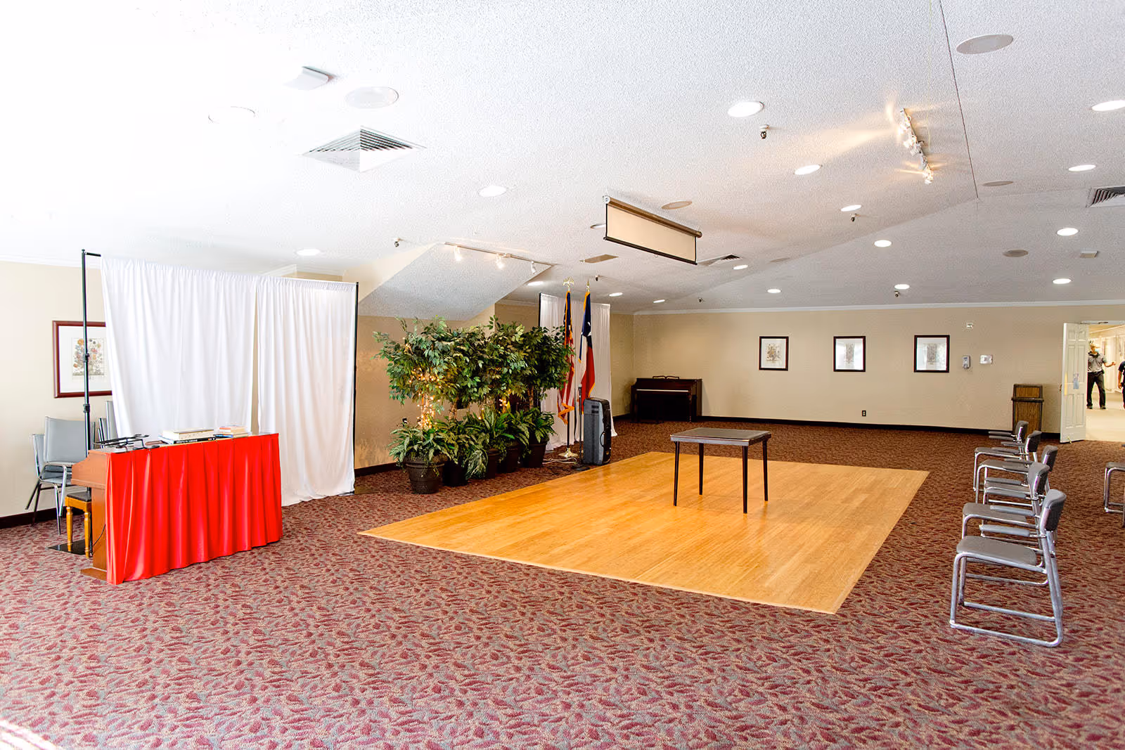 A large, carpeted room with a small wooden table on a wooden floor section in the center. There are several metal chairs with armrests arranged along the right side of the room. On the left side, there is a red-covered table with some items on it and a white curtain backdrop behind it. Several potted plants and flags are positioned near the back wall. The room has framed pictures on the walls and ceiling lights.