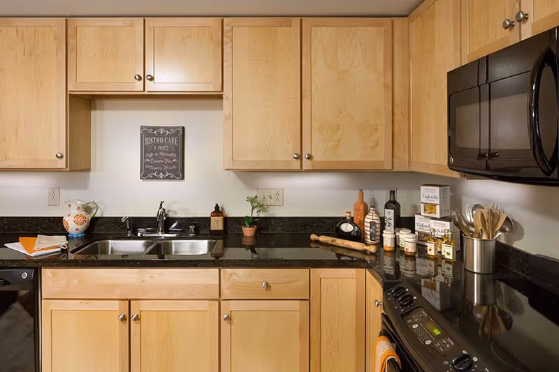 A modern kitchen with light wood cabinets, black granite countertops, a double stainless steel sink, a black microwave, and a black electric stove. Various kitchen items including a pitcher, a small plant, bottles, spice jars, and cooking utensils are arranged on the countertop. A small decorative sign is mounted on the wall above the sink.