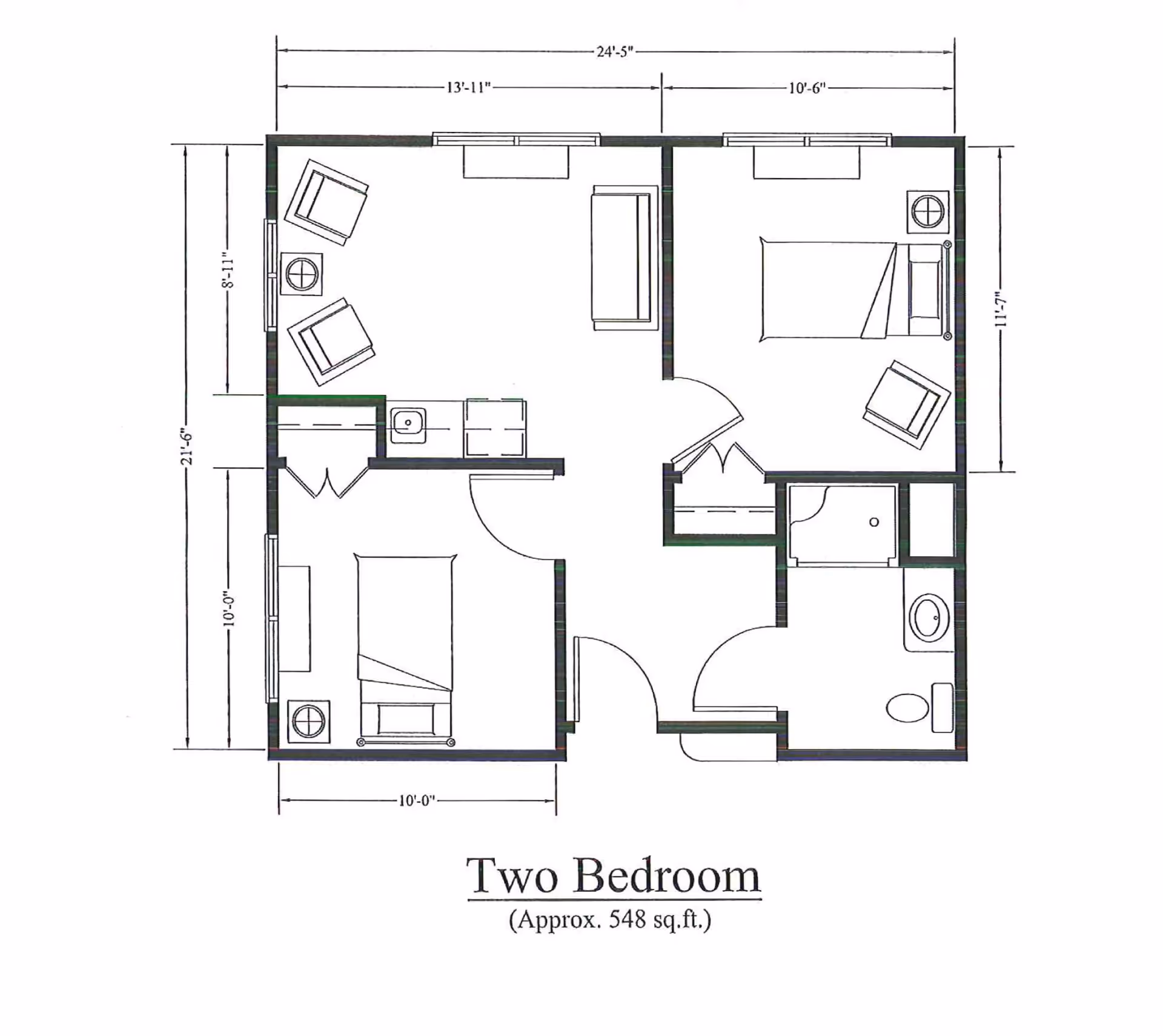 Architectural floor plan of a two-bedroom apartment approximately 548 square feet, showing layout with two bedrooms, a living area, kitchen, and bathroom with dimensions.