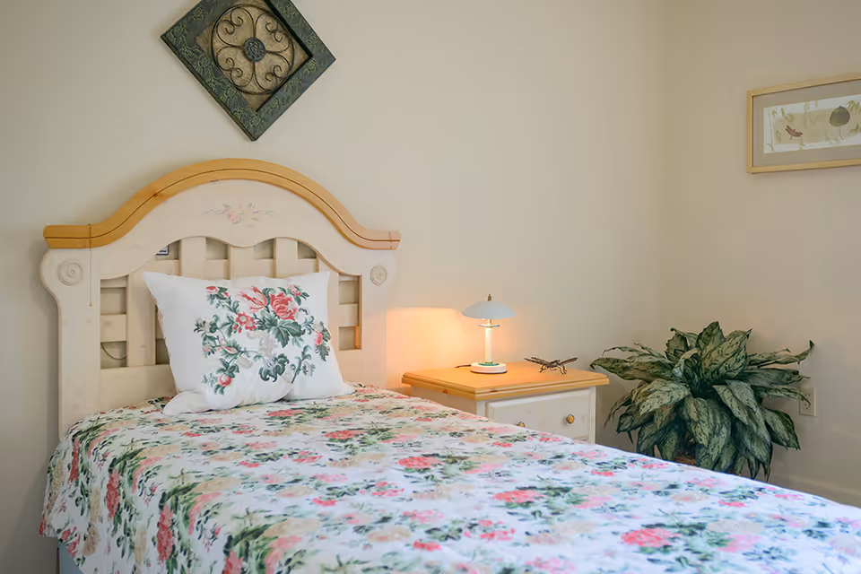 A cozy bedroom with a single bed featuring a floral bedspread and matching pillow. Next to the bed is a wooden nightstand with a small lamp and a decorative item. A large green leafy plant is placed in the corner of the room. The walls are light-colored with two framed pieces of wall art.
