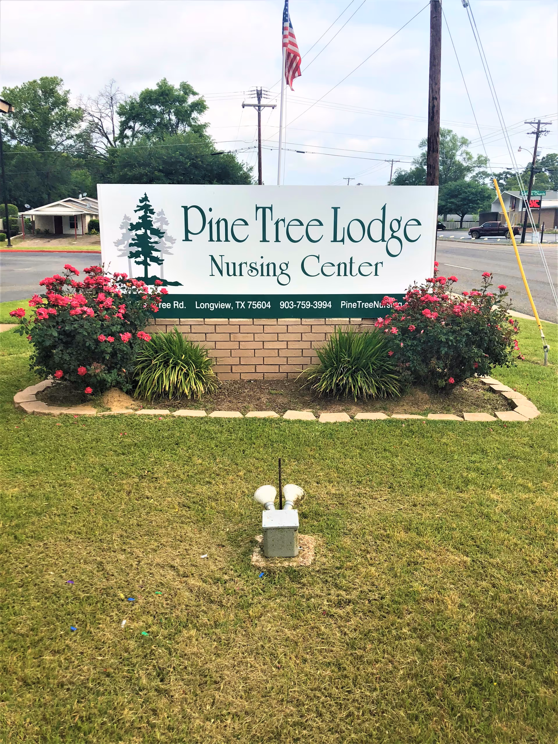 Outdoor view of a sign for Pine Tree Lodge Nursing Center surrounded by green grass, flowering bushes, and a brick base, with an American flag and power lines in the background.