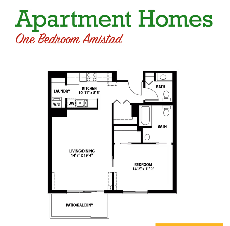 Floor plan layout of a one-bedroom apartment named Amistad at Friendship Village Of Tempe, showing the arrangement of rooms including a bedroom, living area, kitchen, and bathroom.