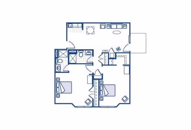 Architectural floor plan of a residential unit showing two bedrooms, a living room, kitchen, and bathroom areas with furniture layout.