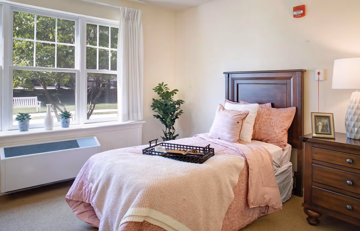 Sunlit single bedroom with a wooden headboard and pink bedding beside a large window overlooking trees.