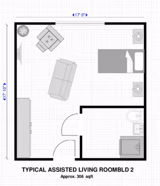 Floor plan of a typical assisted living room labeled 'BLD 2' with approximate area of 306 square feet. The layout includes a bed with two nightstands, a sofa, an armchair, a TV on a stand, a small bathroom with a toilet and sink, and a closet or storage area. Dimensions are 17 feet by 17 feet 10 inches.