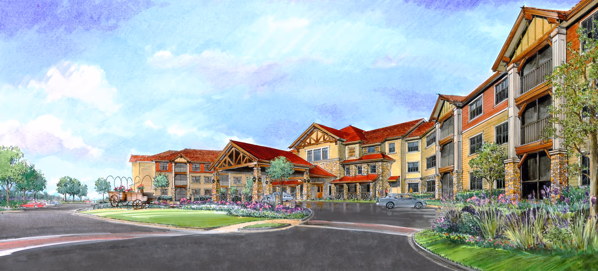 Exterior view of a large senior living facility building with multiple stories, featuring a covered entrance with stone pillars and red roofs. The surrounding area includes landscaped gardens, trees, and a driveway with a parked car.