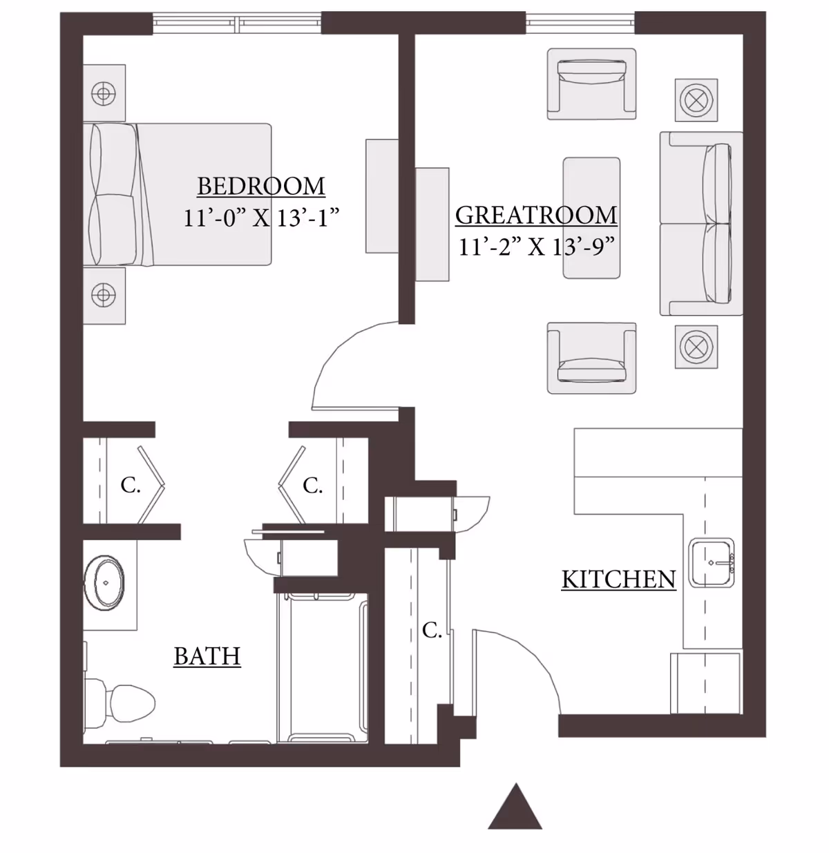 Black-and-white floor plan diagram of a one-bedroom apartment showing a labeled bedroom, greatroom, kitchen, bathroom, closets, and room dimensions.