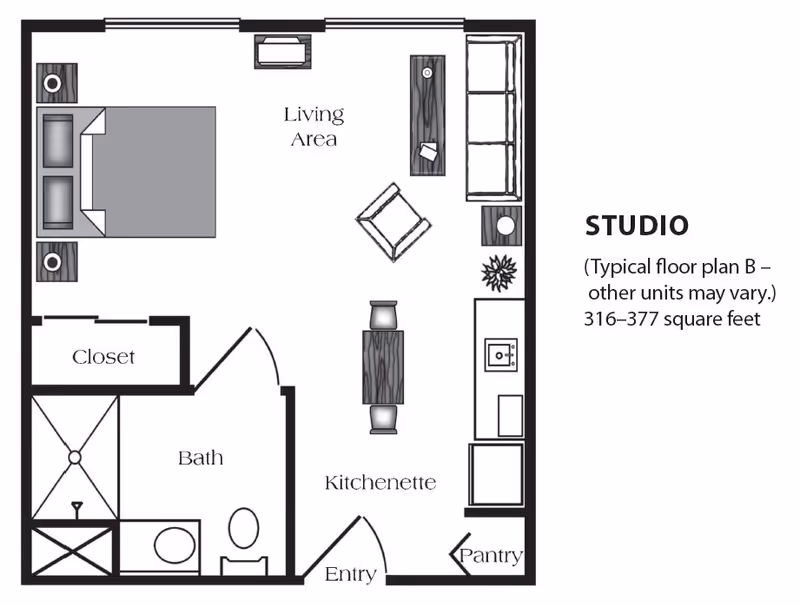 Floor plan of a studio apartment at San Marino Retirement Community showing a living area with a bed, sofa, chair, and tables, a kitchenette with a pantry, an entryway, a bathroom with a shower, toilet, and sink, and a closet.