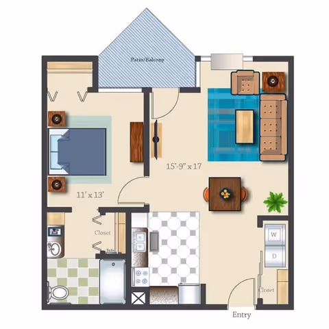 Floor plan of a one-bedroom apartment at Bonaventure of Salem showing a bedroom, bathroom, kitchen, living room, dining area, patio/balcony, closets, and laundry area with washer and dryer.