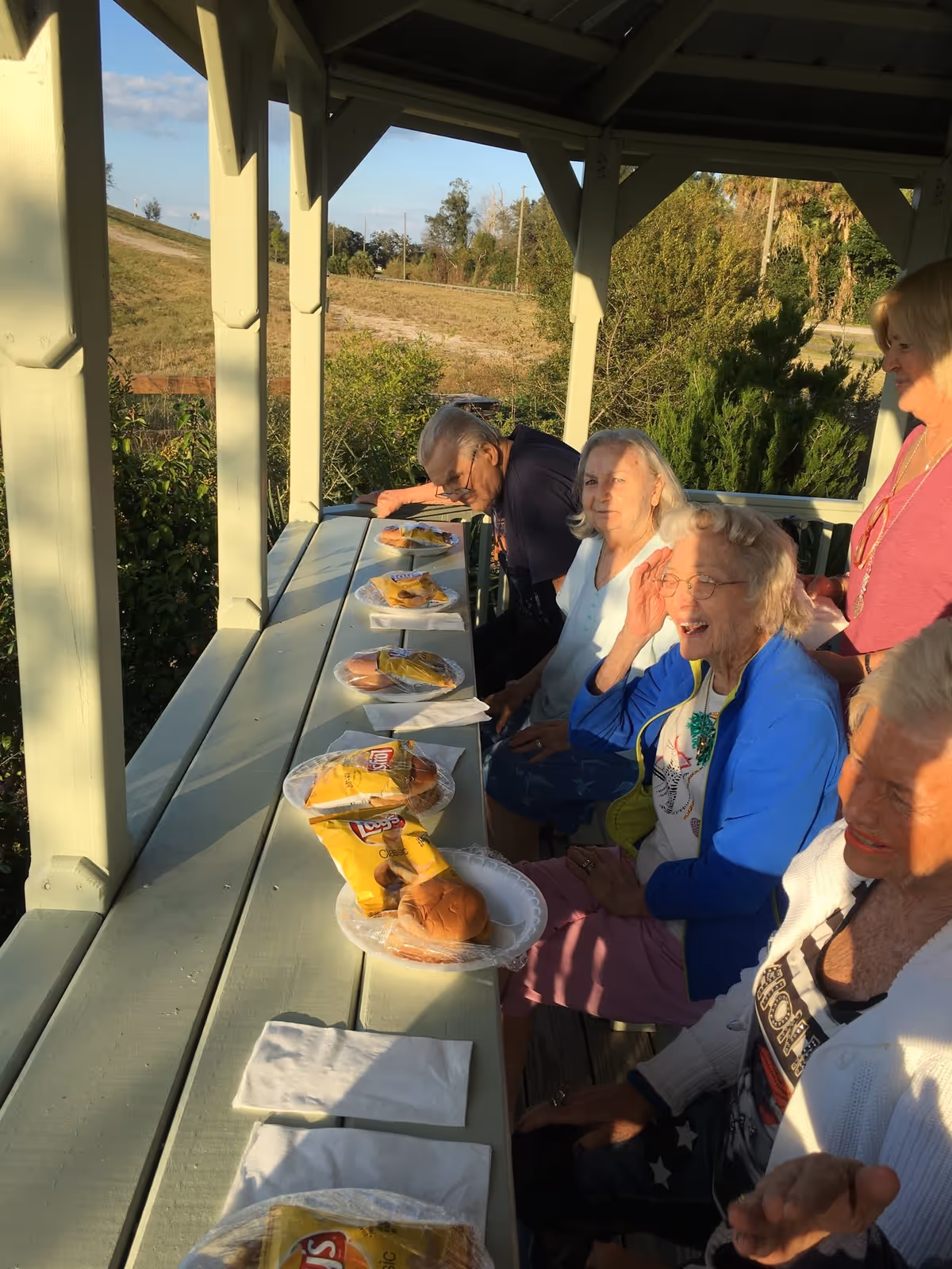 A group of elderly people sitting at a long outdoor picnic table under a covered pavilion. Each person has a plate with a sandwich and a bag of Lay's Classic potato chips. The setting is sunny with greenery and a dirt path visible in the background.