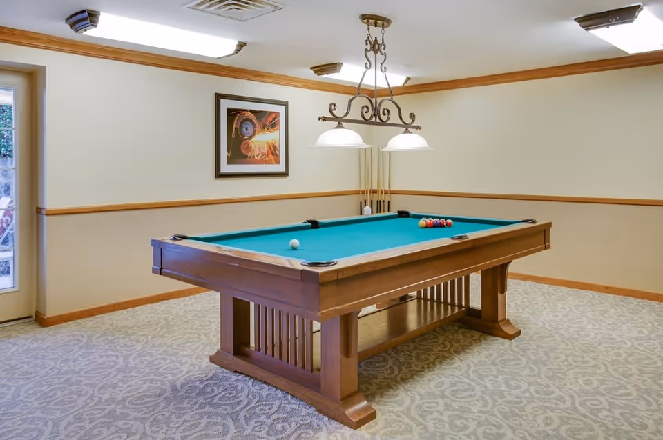 A well-lit room with a wooden pool table in the center, featuring a green felt surface and billiard balls arranged for a game. The room has beige walls with wooden trim, a patterned carpet, a framed picture on the wall, and a hanging light fixture above the pool table. A door with glass panels is visible on the left side.