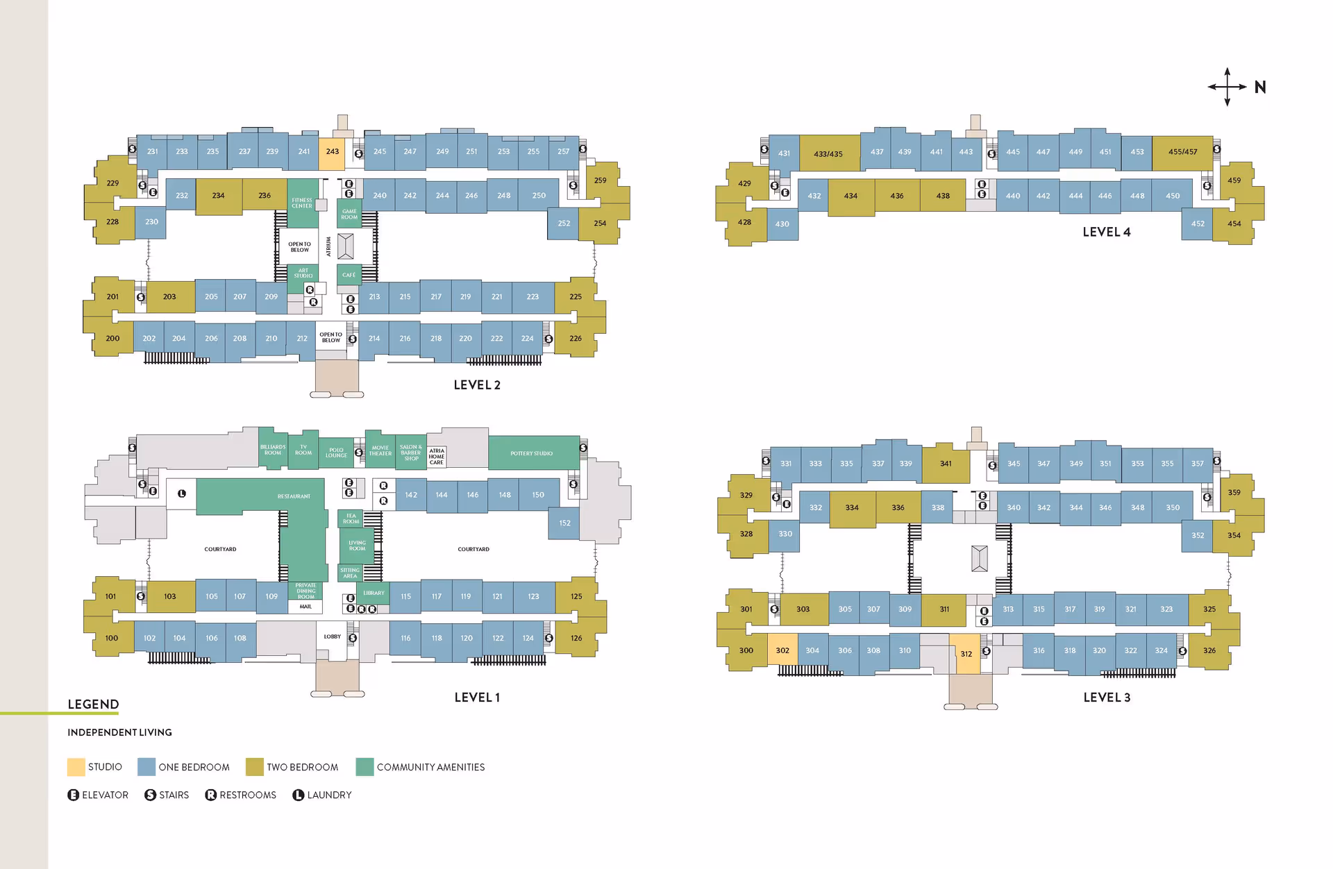 Floor plan layout of Atria Rye Brook senior living facility showing four levels with labeled rooms including studios, one-bedroom, and two-bedroom units, community amenities, elevators, stairs, restrooms, and laundry areas. Each level is color-coded to indicate different types of living spaces and amenities.